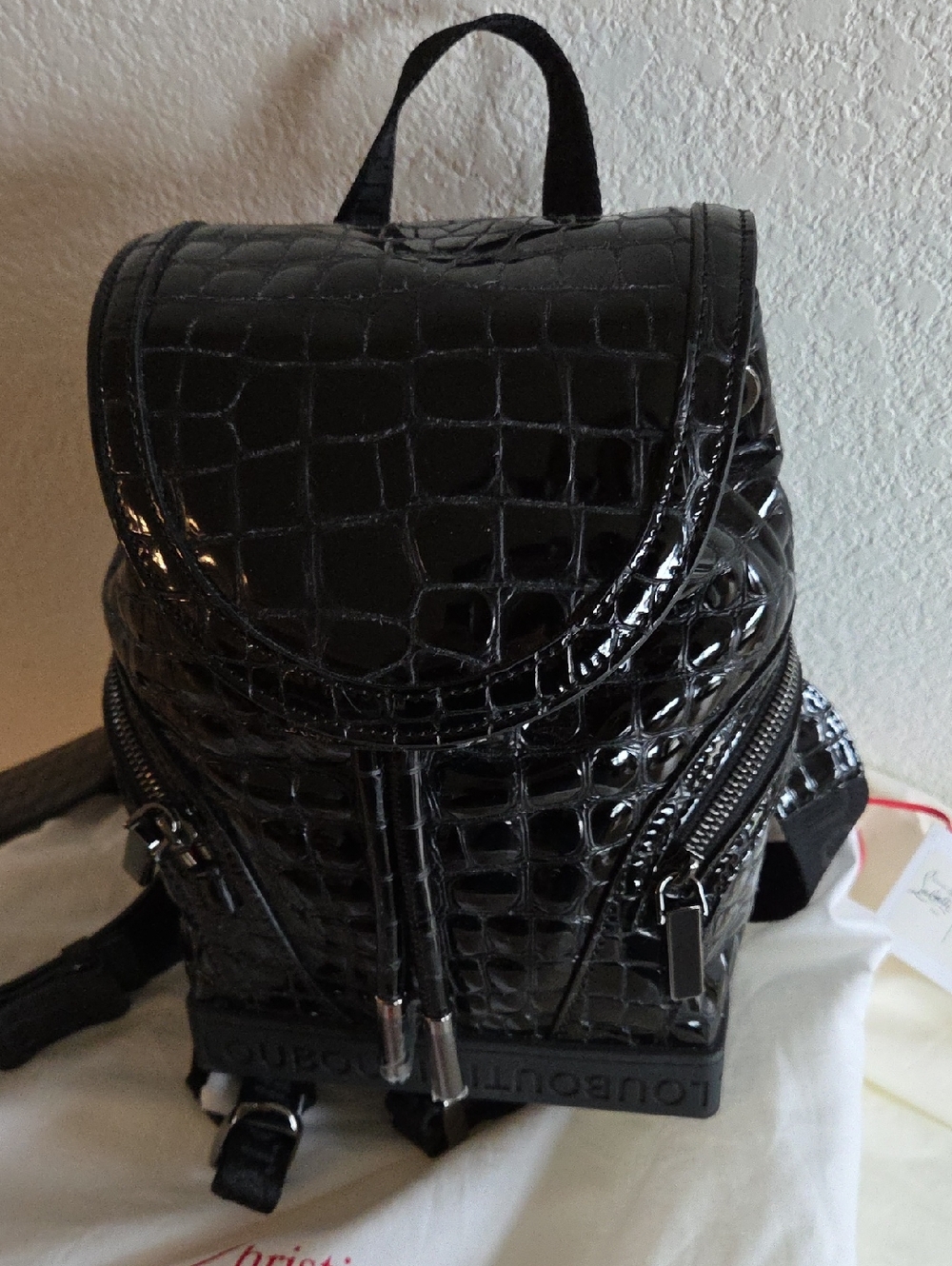 Christian Louboutin Black Croc-Embossed Mini Backpack/Crossbody